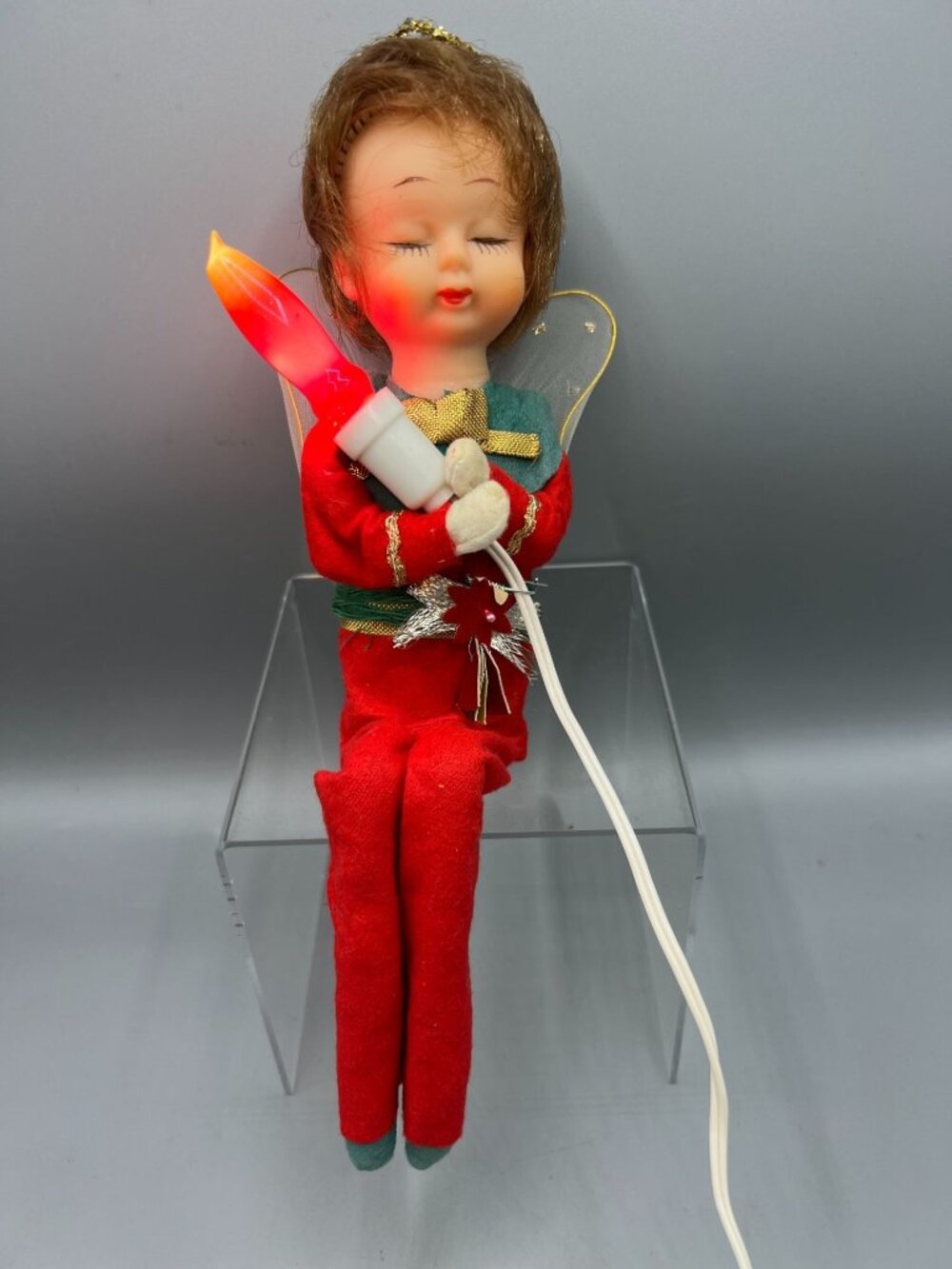 1960s Lighted Christmas Elf Angel Doll Sitting Shelf Vintage Doll Red Felt Works